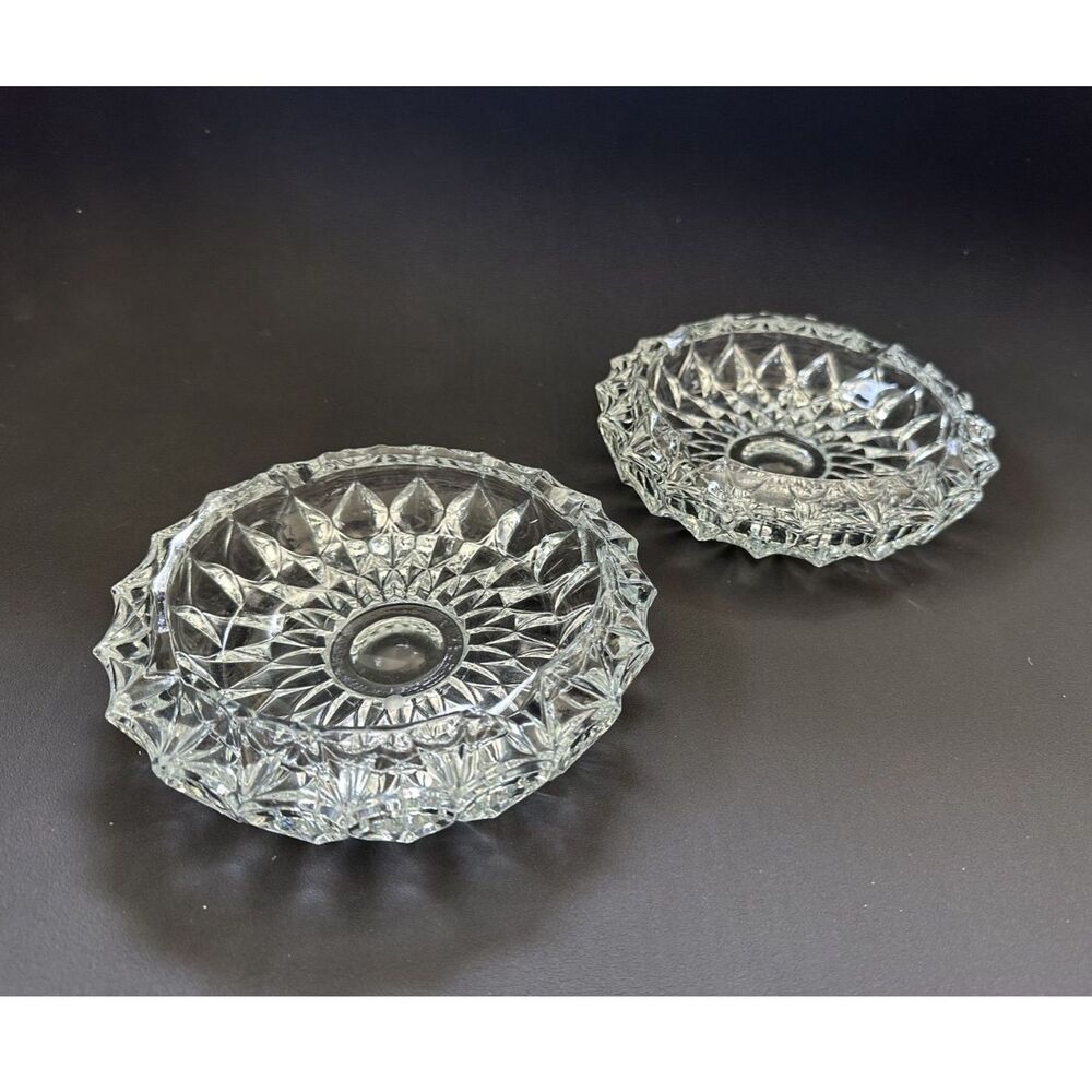 Vintage Clear Cut Glass Ashtray Pair Set of 2 Diamond Sunburst Heavy Retro MCM